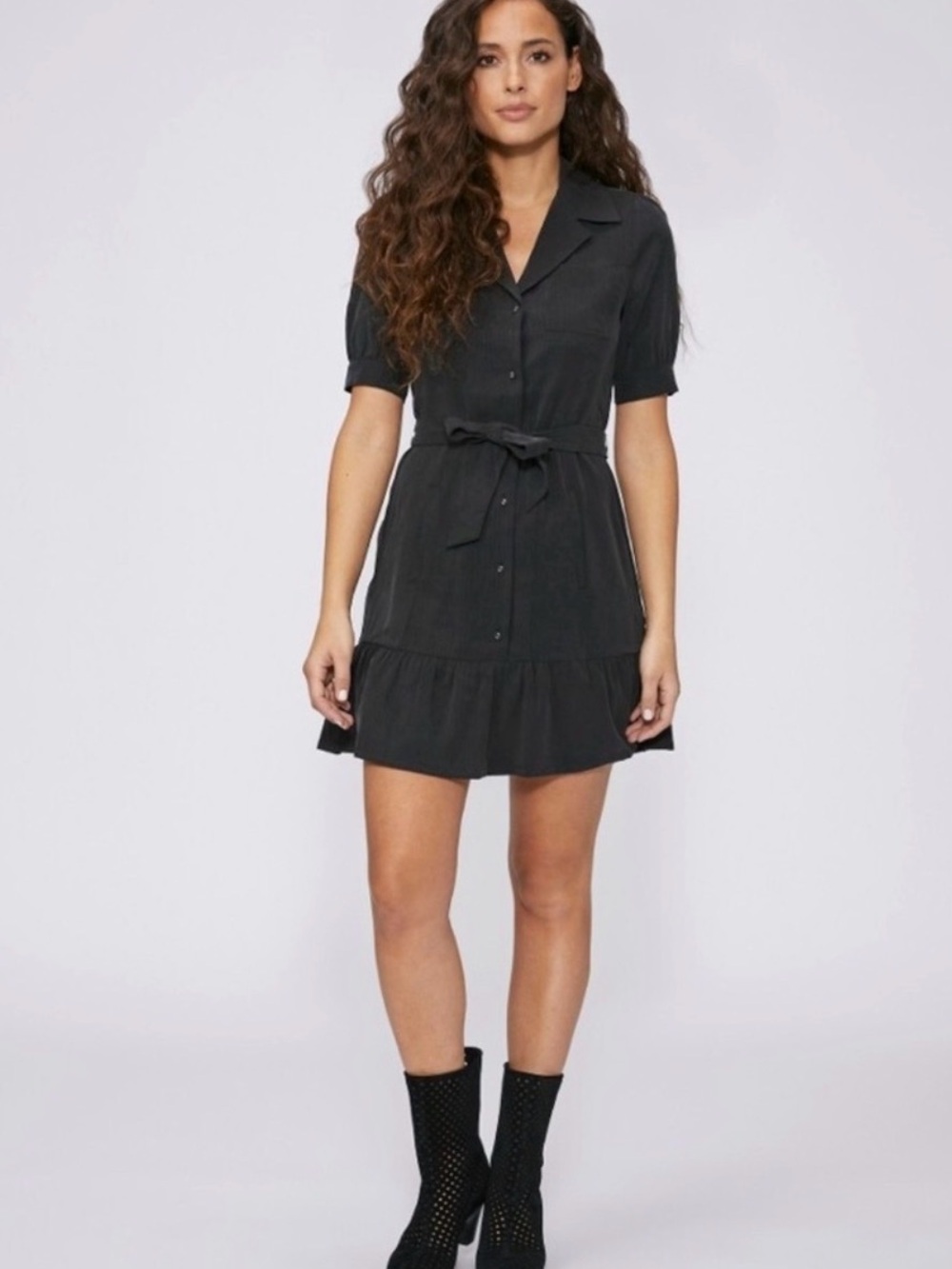 PAIGE Black Mayslie Button Down Mini Shirt Dress with Tie Waist and Ruffle